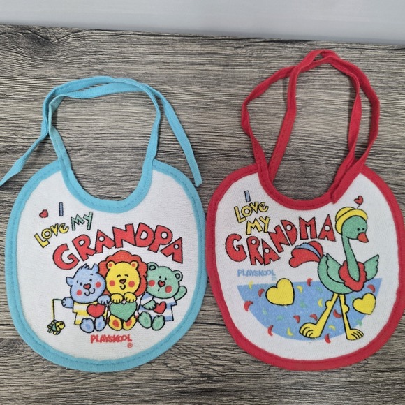 (2) Playskool Baby Bib I Love My Grandma Bird Heart Vintage‎ Flamingo Bears Lion - Picture 1 of 6